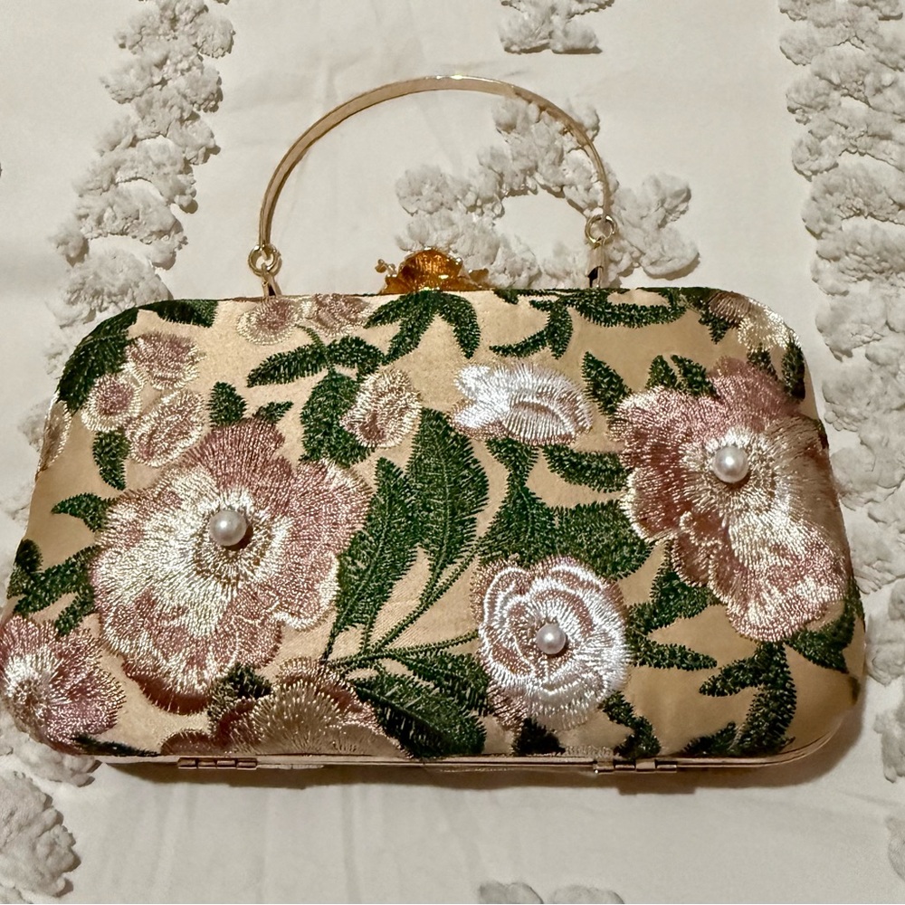 Floral Embroidered Clutch with Gold Handle